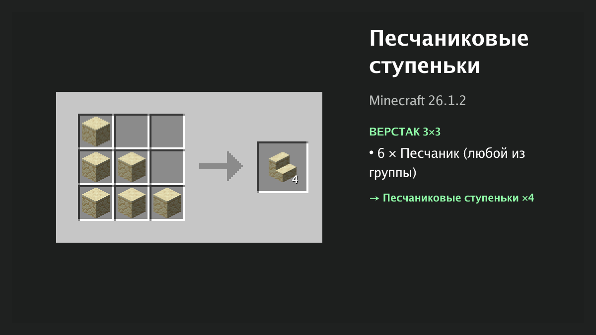 Рецепт: песчаниковые ступеньки в Minecraft — 6 × песчаник (верстак 3×3)