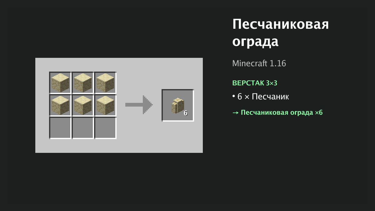 Рецепт: песчаниковая ограда в Minecraft — 6 × песчаник (верстак 3×3)