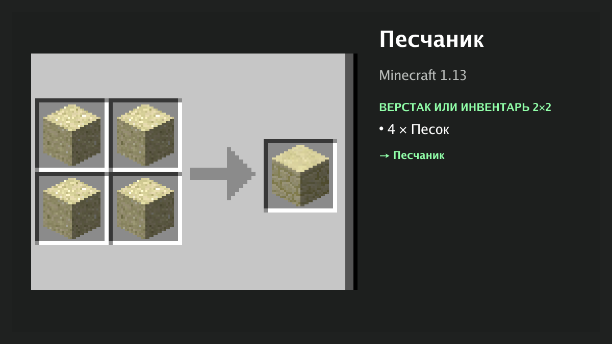 Рецепт: песчаник в Minecraft — 4 × песок (верстак или инвентарь 2×2)