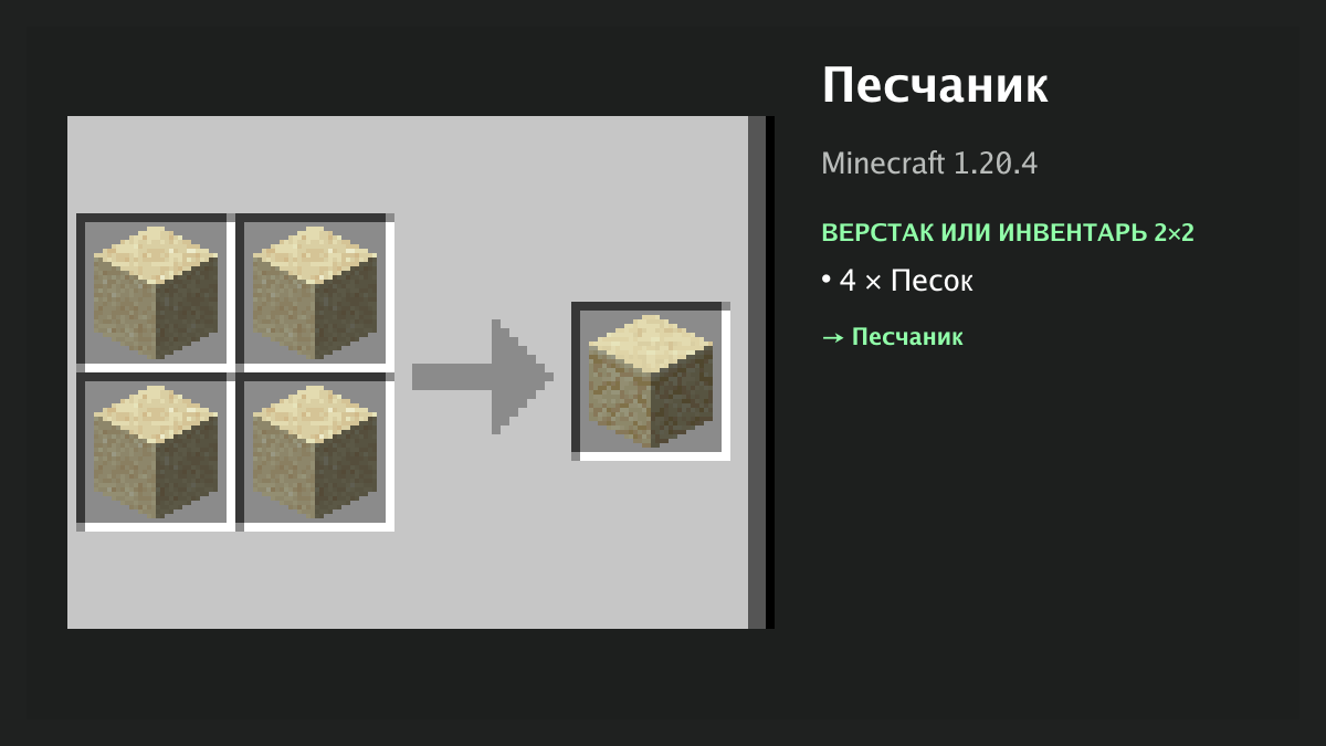 Рецепт: песчаник в Minecraft — 4 × песок (верстак или инвентарь 2×2)
