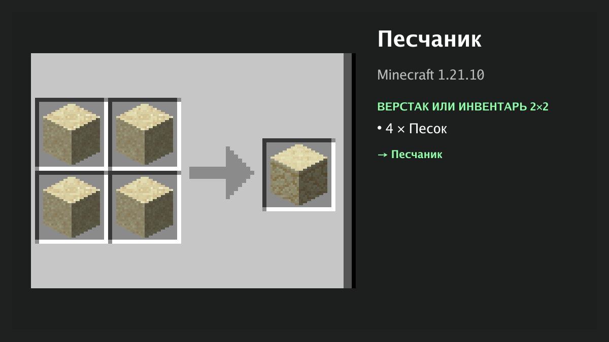 Рецепт: песчаник в Minecraft — 4 × песок (верстак или инвентарь 2×2)