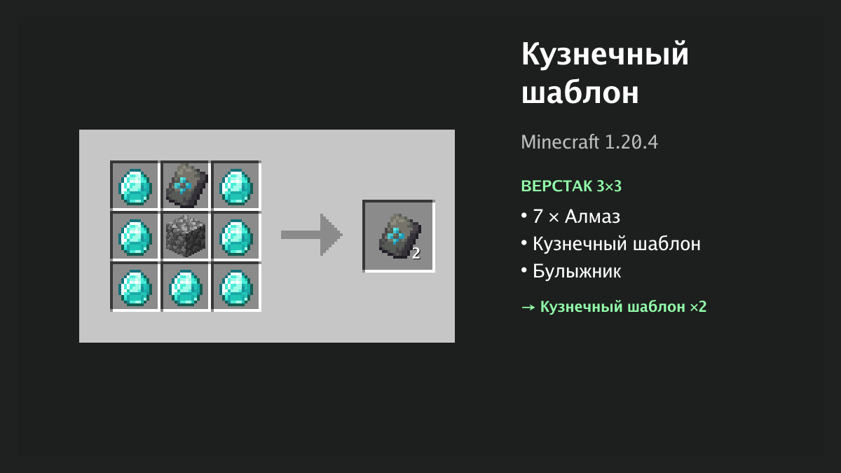 Рецепт: кузнечный шаблон в Minecraft — 7 × алмаз, кузнечный шаблон, булыжник (верстак 3×3)