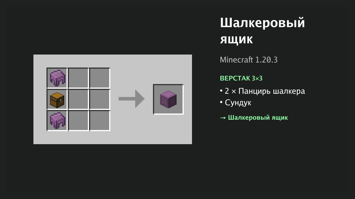 Рецепт: шалкеровый ящик в Minecraft — 2 × панцирь шалкера, сундук (верстак 3×3)