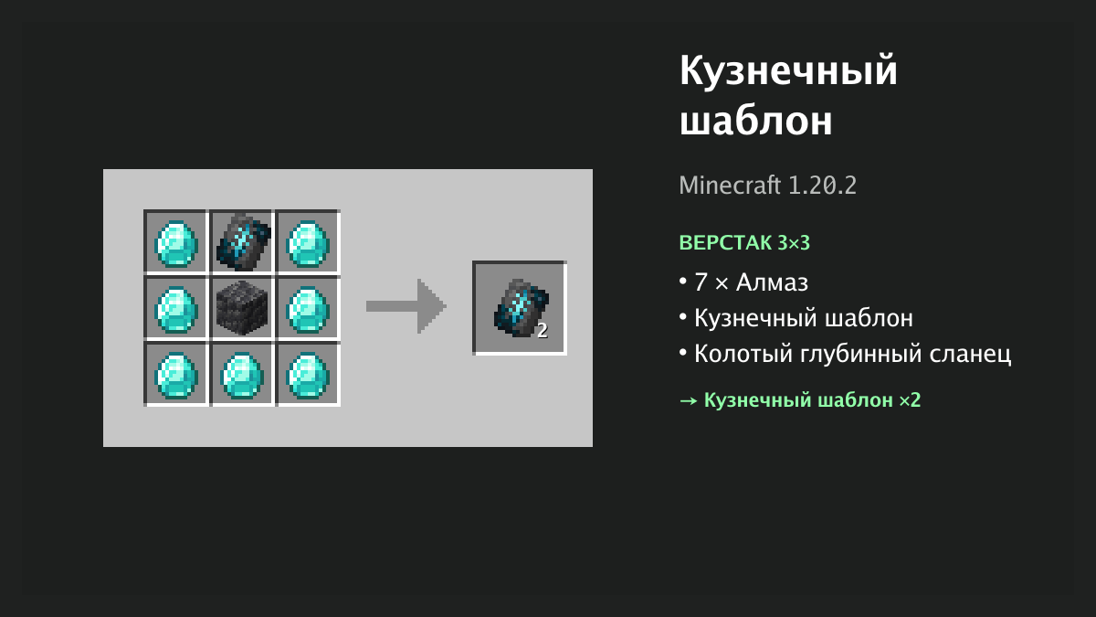 Рецепт: кузнечный шаблон в Minecraft — 7 × алмаз, кузнечный шаблон, колотый глубинный сланец (верстак 3×3)