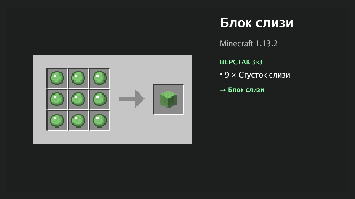 Рецепт: блок слизи в Minecraft — 9 × сгусток слизи (верстак 3×3)
