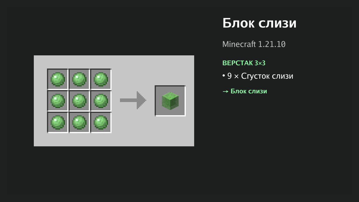 Рецепт: блок слизи в Minecraft — 9 × сгусток слизи (верстак 3×3)