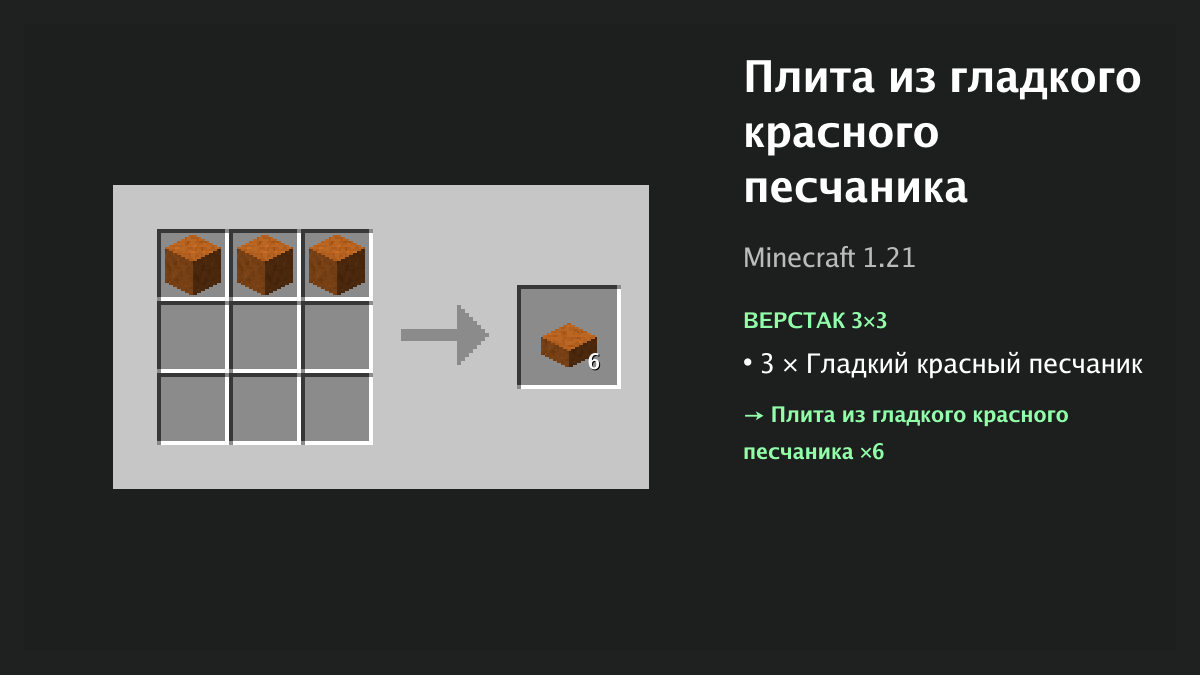 Рецепт: плита из гладкого красного песчаника в Minecraft — 3 × гладкий красный песчаник (верстак 3×3)