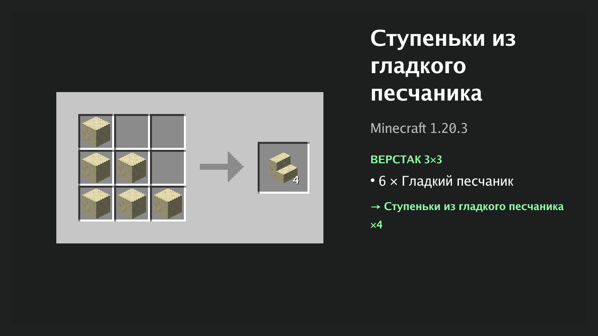 Рецепт: ступеньки из гладкого песчаника в Minecraft — 6 × гладкий песчаник (верстак 3×3)