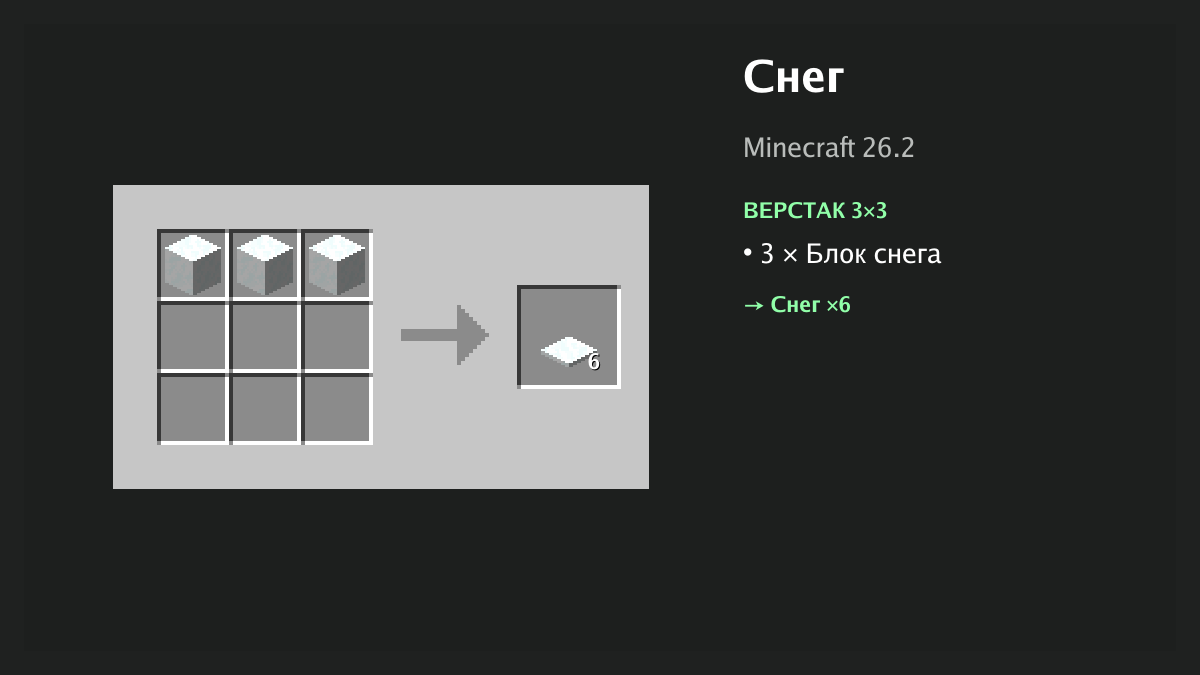 Рецепт: снег в Minecraft — 3 × блок снега (верстак 3×3)