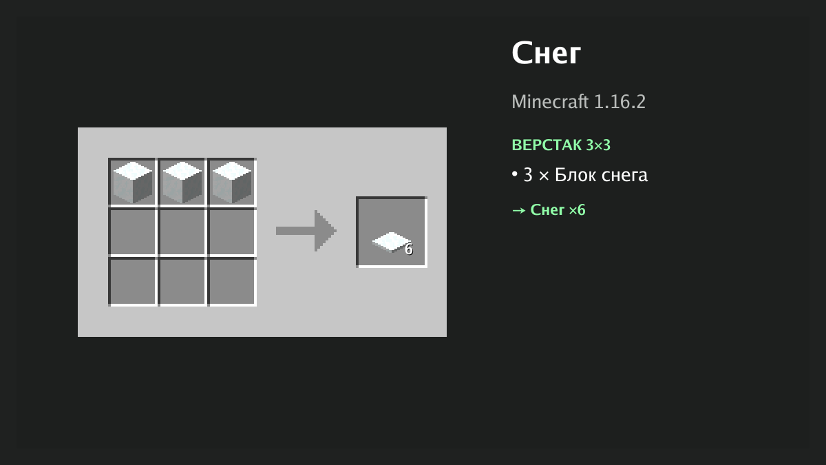 Рецепт: снег в Minecraft — 3 × блок снега (верстак 3×3)