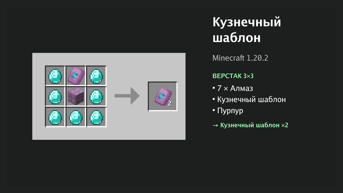 Рецепт: кузнечный шаблон в Minecraft — 7 × алмаз, кузнечный шаблон, пурпур (верстак 3×3)