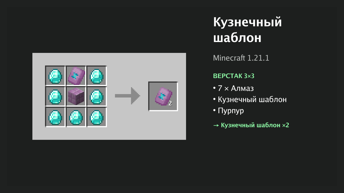 Рецепт: кузнечный шаблон в Minecraft — 7 × алмаз, кузнечный шаблон, пурпур (верстак 3×3)