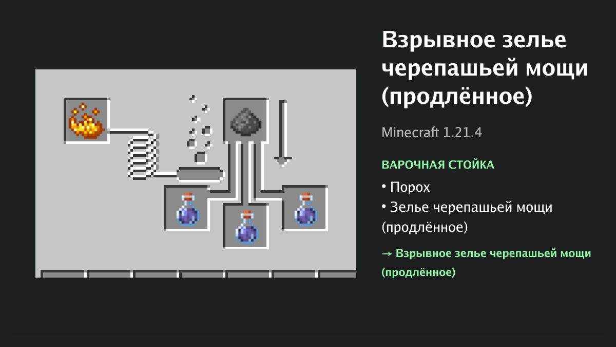 Рецепт: взрывное зелье черепашьей мощи (продлённое) в Minecraft — порох, зелье черепашьей мощи (продлённое) (варочная стойка)