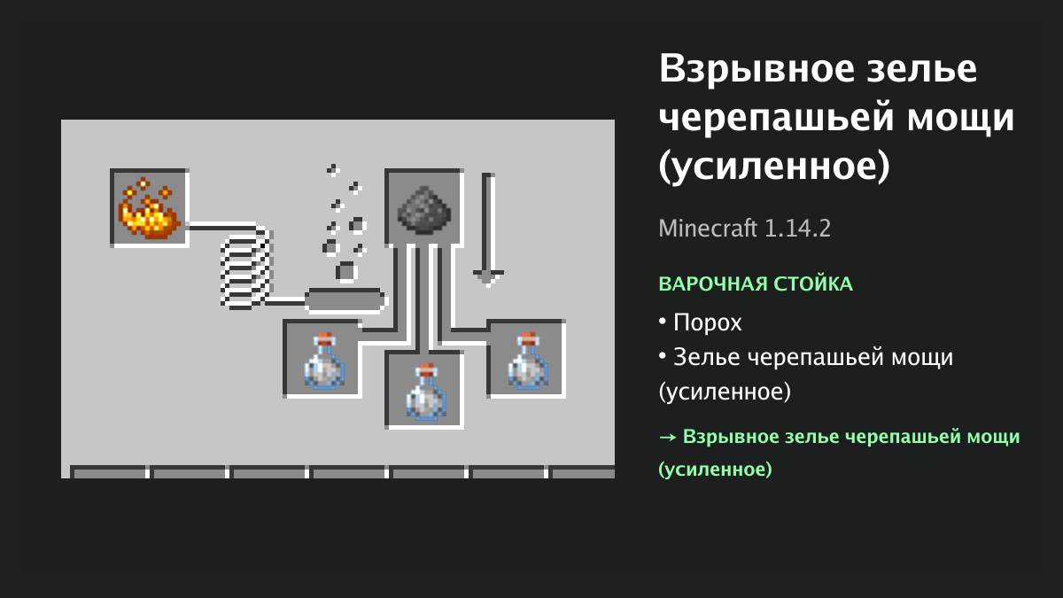Рецепт: взрывное зелье черепашьей мощи (усиленное) в Minecraft — порох, зелье черепашьей мощи (усиленное) (варочная стойка)