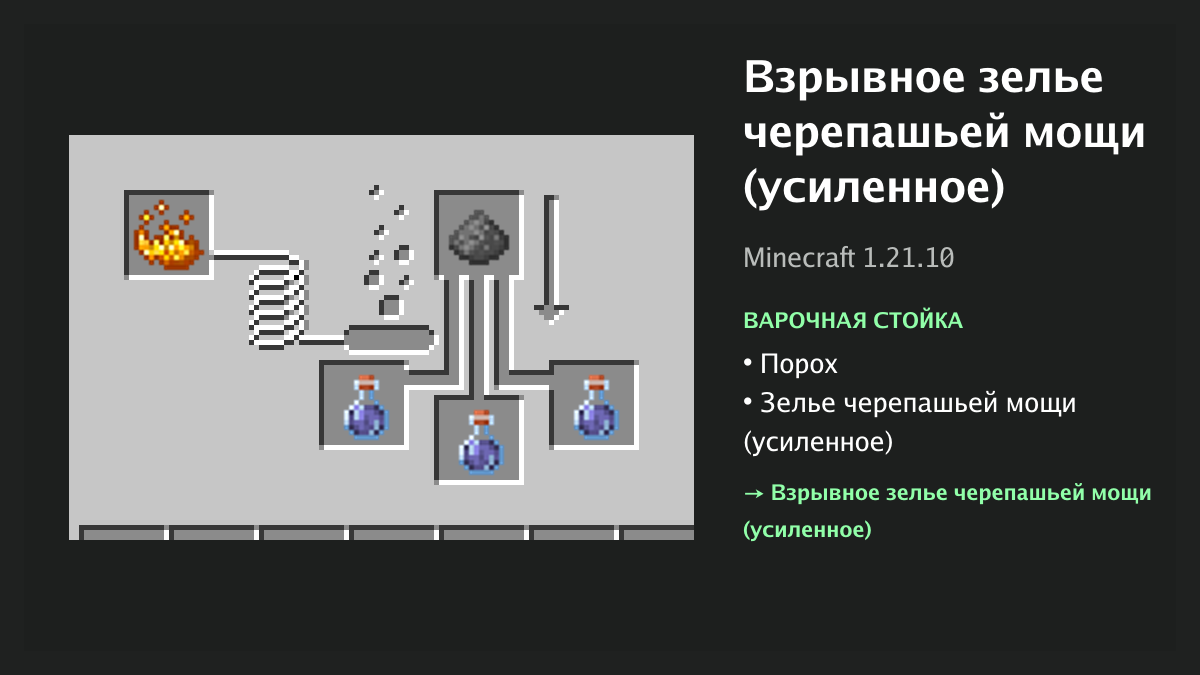 Рецепт: взрывное зелье черепашьей мощи (усиленное) в Minecraft — порох, зелье черепашьей мощи (усиленное) (варочная стойка)