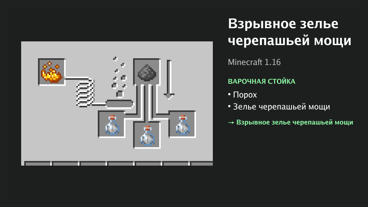 Рецепт: взрывное зелье черепашьей мощи в Minecraft — порох, зелье черепашьей мощи (варочная стойка)