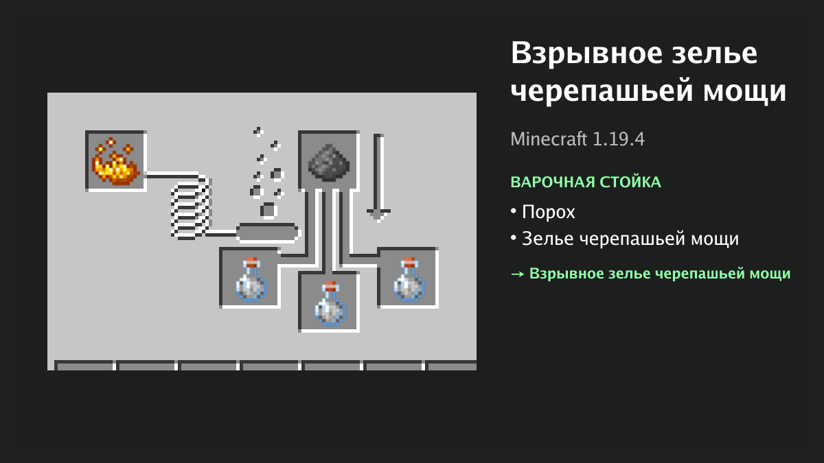 Рецепт: взрывное зелье черепашьей мощи в Minecraft — порох, зелье черепашьей мощи (варочная стойка)