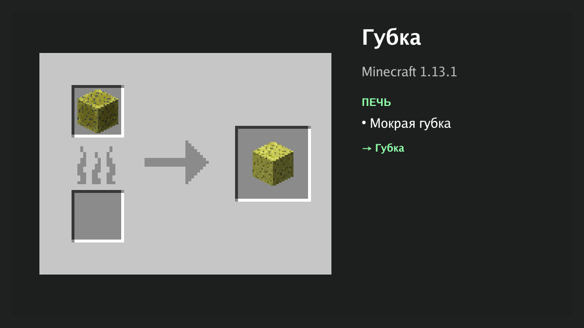 Рецепт: губка в Minecraft — мокрая губка (печь)