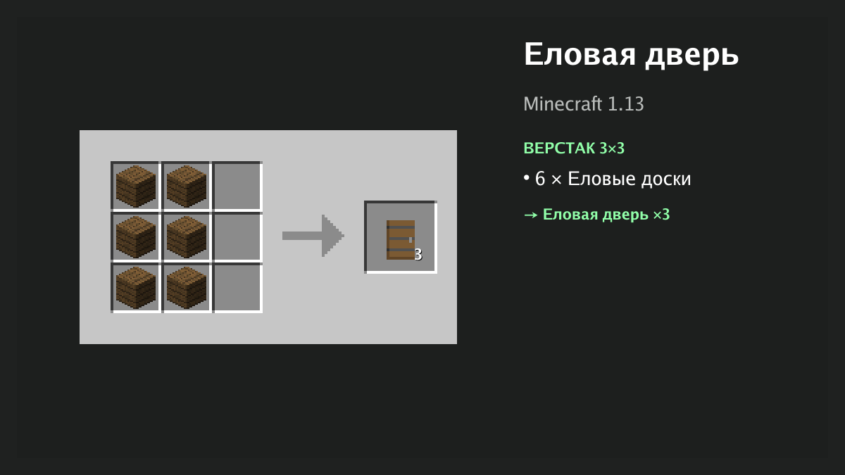 Рецепт: еловая дверь в Minecraft — 6 × еловые доски (верстак 3×3)