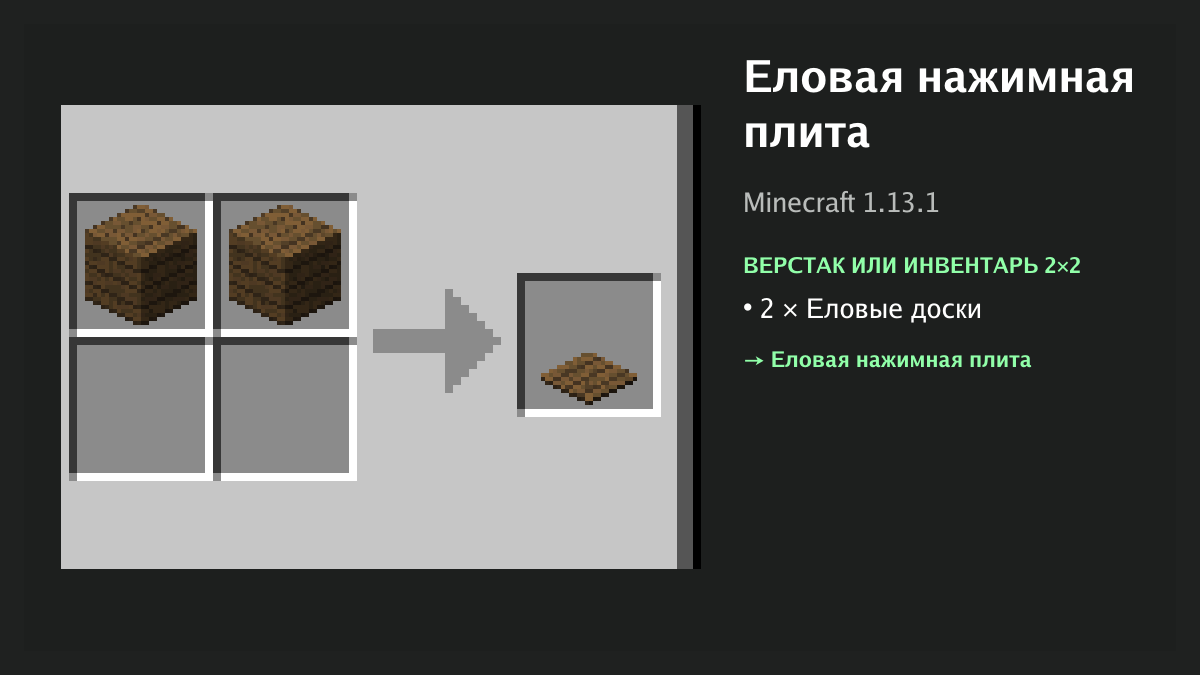Рецепт: еловая нажимная плита в Minecraft — 2 × еловые доски (верстак или инвентарь 2×2)