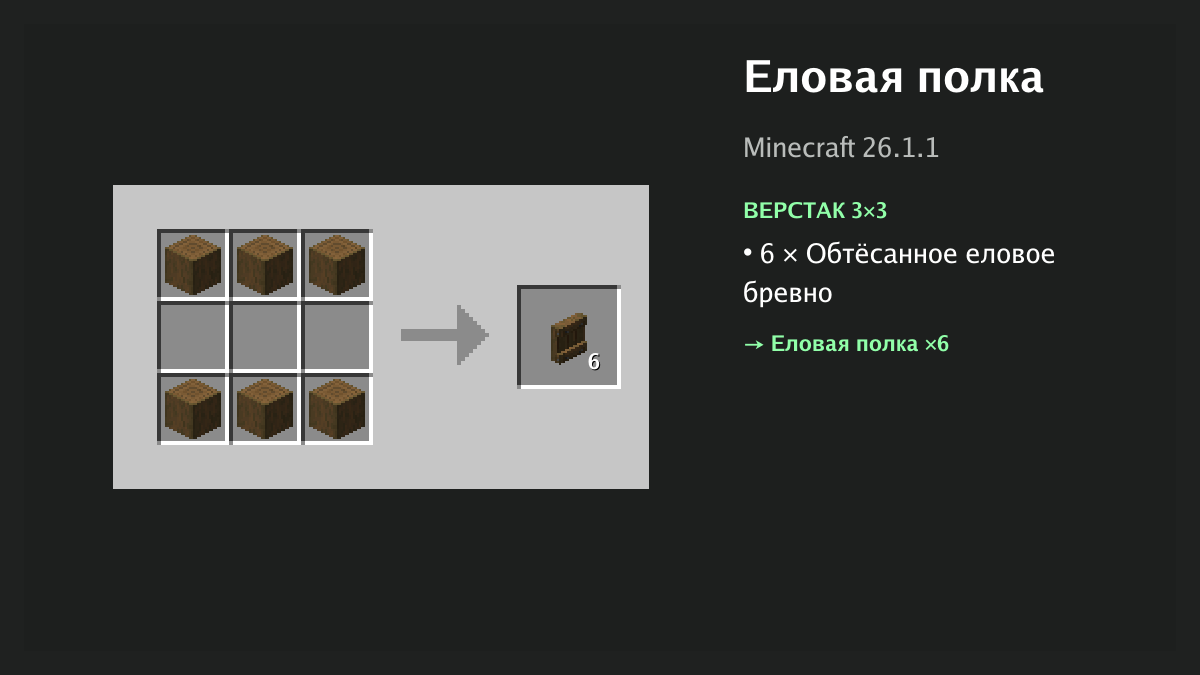 Рецепт: еловая полка в Minecraft — 6 × обтёсанное еловое бревно (верстак 3×3)