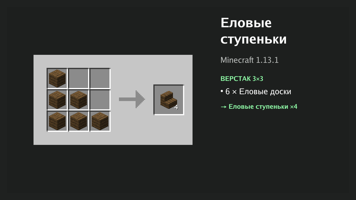 Рецепт: еловые ступеньки в Minecraft — 6 × еловые доски (верстак 3×3)