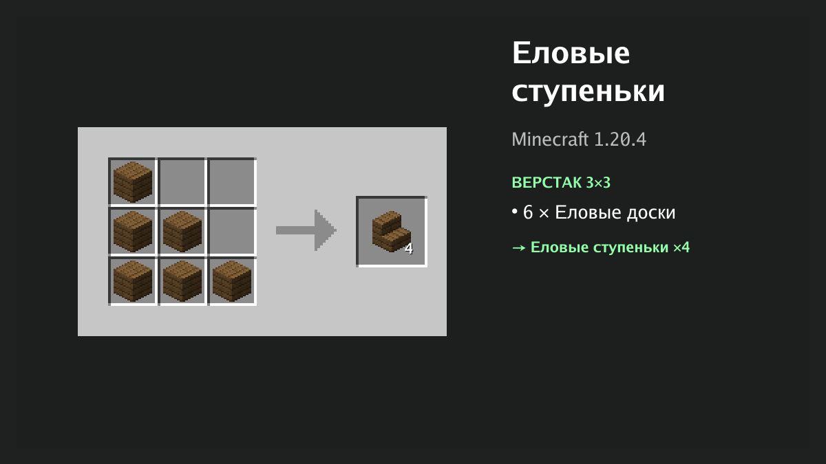 Рецепт: еловые ступеньки в Minecraft — 6 × еловые доски (верстак 3×3)