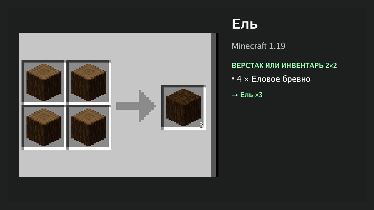 Рецепт: ель в Minecraft — 4 × еловое бревно (верстак или инвентарь 2×2)