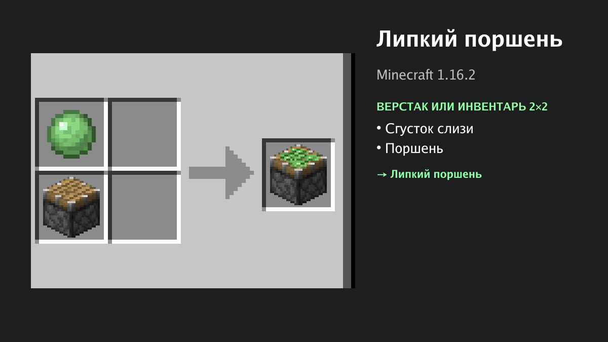 Рецепт: липкий поршень в Minecraft — сгусток слизи, поршень (верстак или инвентарь 2×2)