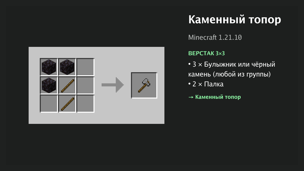 Рецепт: каменный топор в Minecraft — 3 × булыжник или чёрный камень, 2 × палка (верстак 3×3)