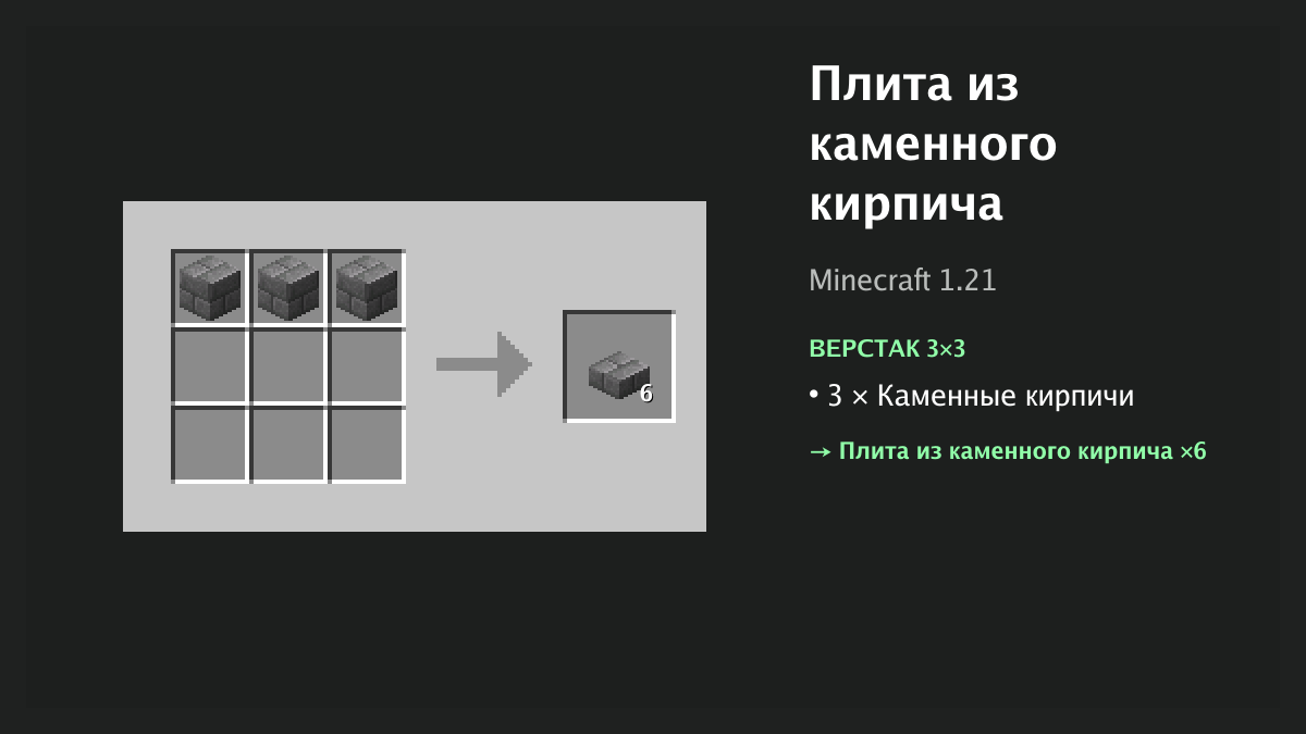 Рецепт: плита из каменного кирпича в Minecraft — 3 × каменные кирпичи (верстак 3×3)