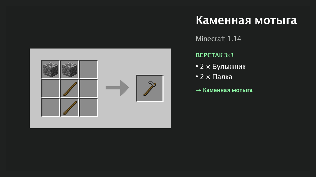 Рецепт: каменная мотыга в Minecraft — 2 × булыжник, 2 × палка (верстак 3×3)