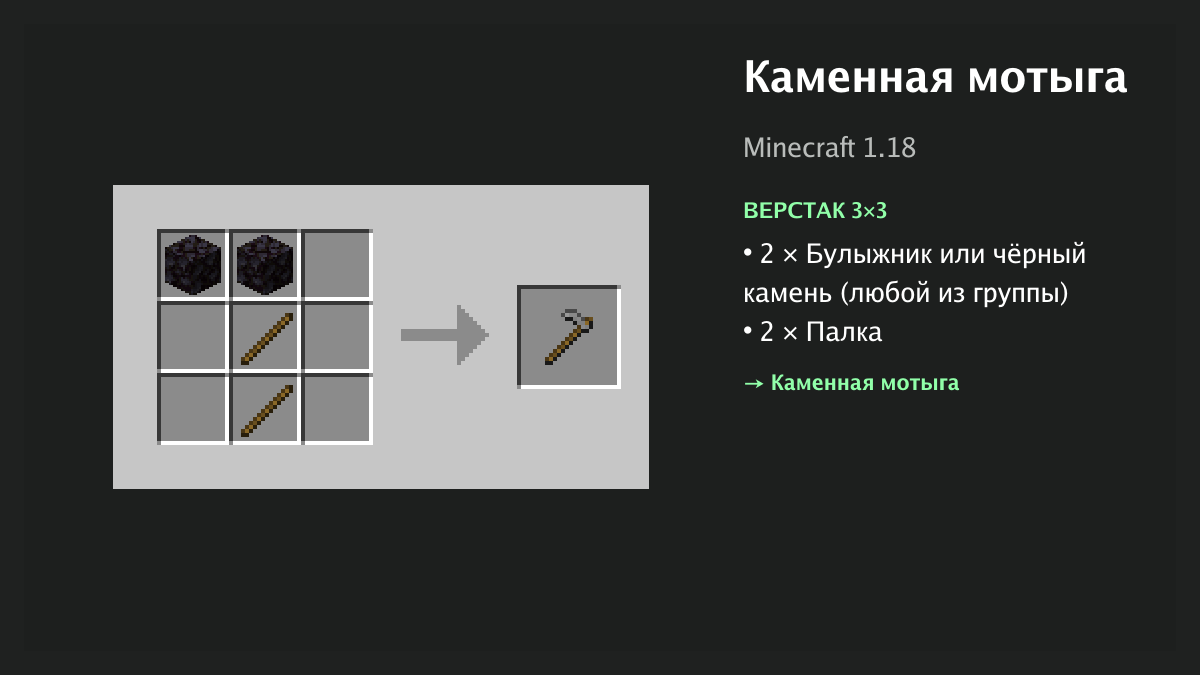 Рецепт: каменная мотыга в Minecraft — 2 × булыжник или чёрный камень, 2 × палка (верстак 3×3)