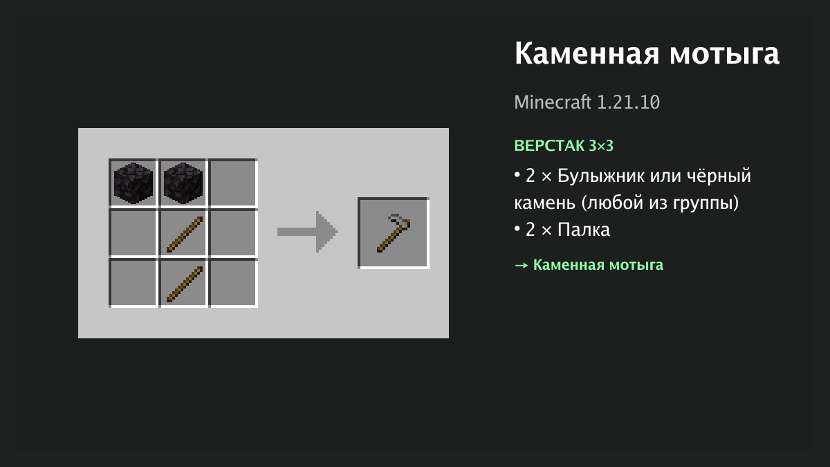 Рецепт: каменная мотыга в Minecraft — 2 × булыжник или чёрный камень, 2 × палка (верстак 3×3)