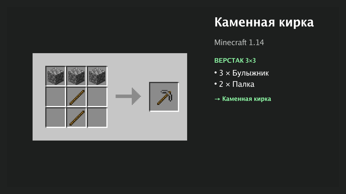 Рецепт: каменная кирка в Minecraft — 3 × булыжник, 2 × палка (верстак 3×3)
