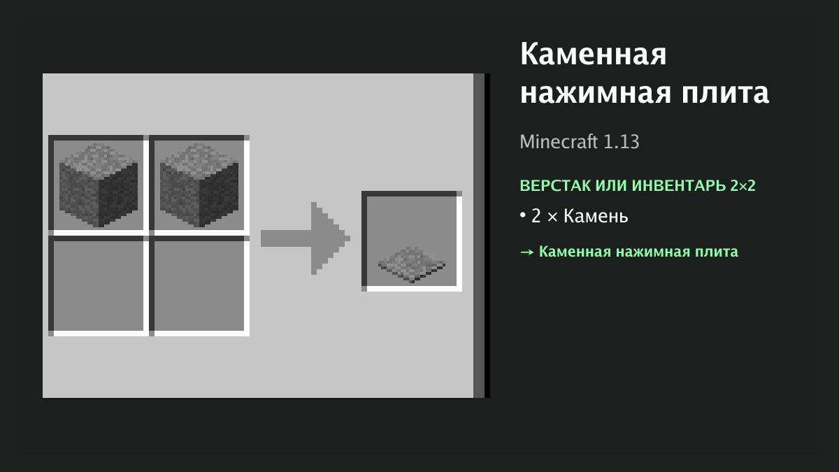 Рецепт: каменная нажимная плита в Minecraft — 2 × камень (верстак или инвентарь 2×2)