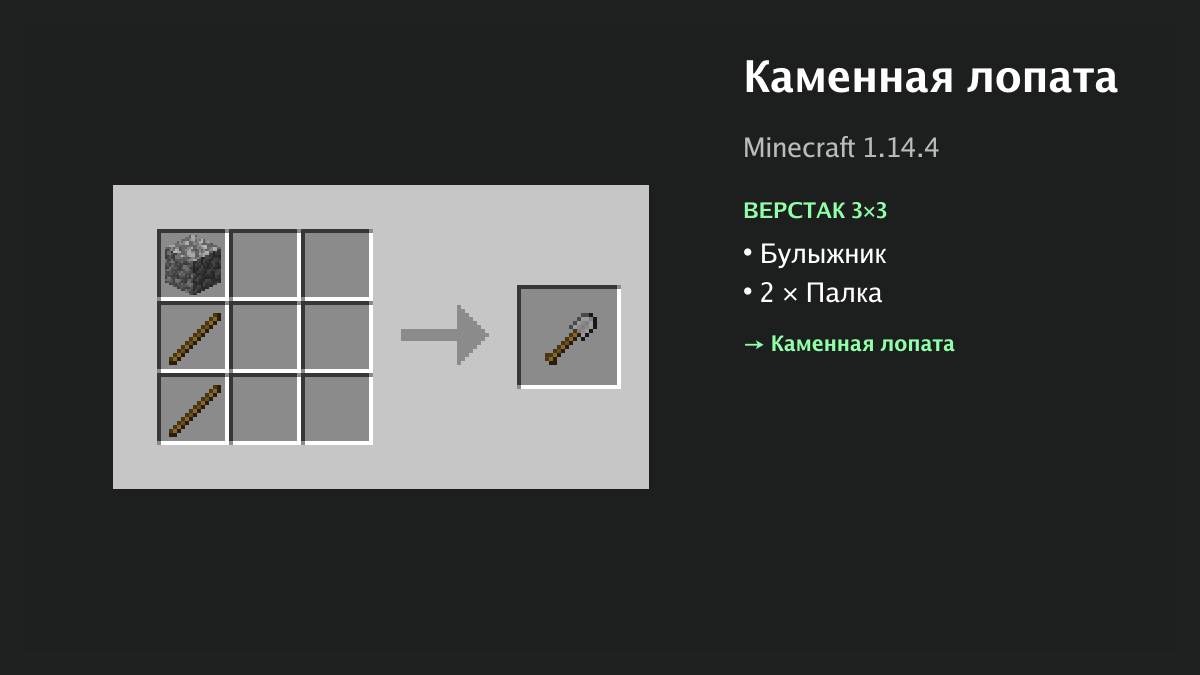 Рецепт: каменная лопата в Minecraft — булыжник, 2 × палка (верстак 3×3)