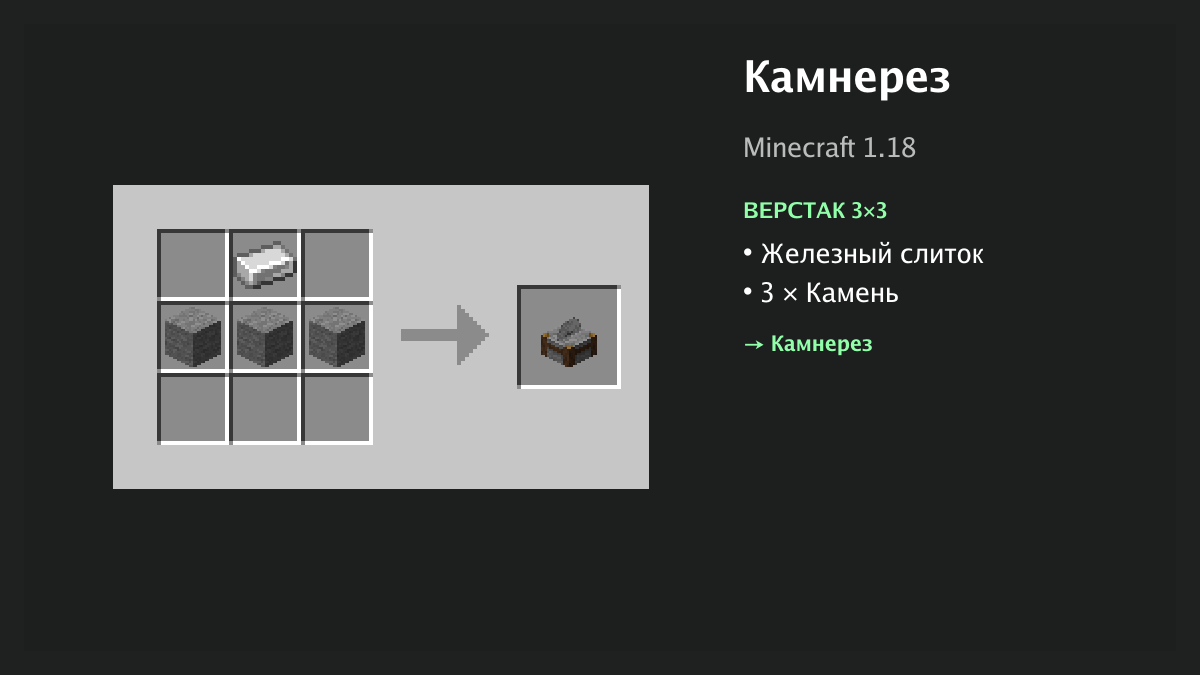 Рецепт: камнерез в Minecraft — железный слиток, 3 × камень (верстак 3×3)