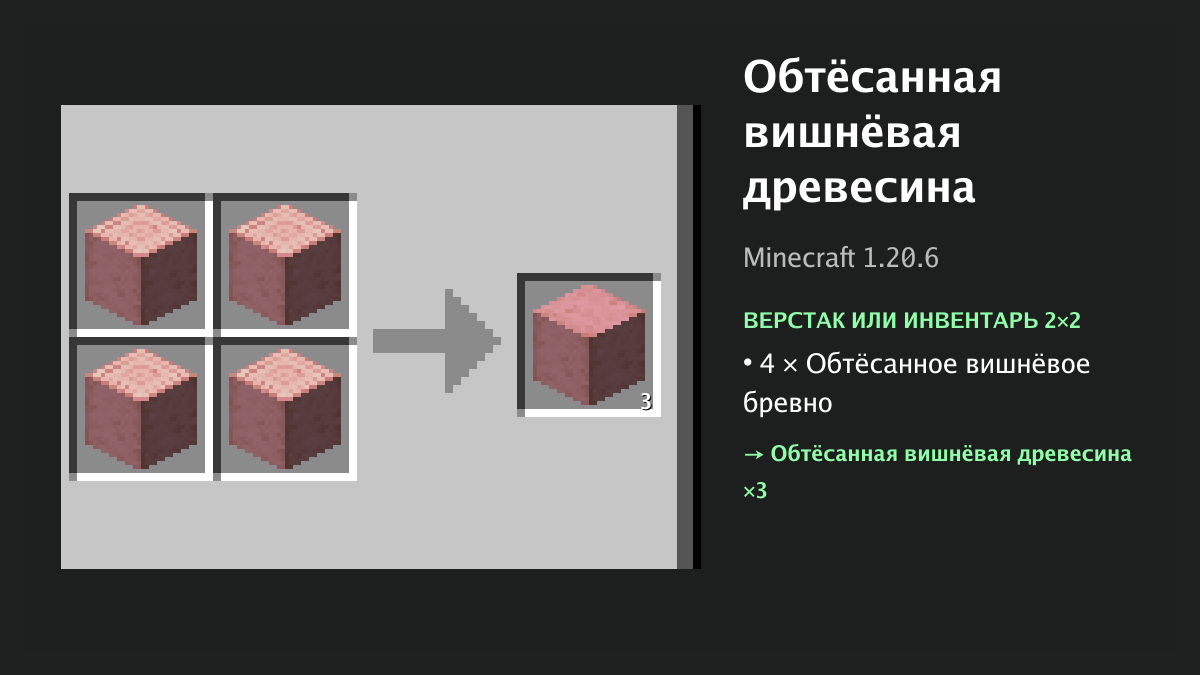 Рецепт: обтёсанная вишнёвая древесина в Minecraft — 4 × обтёсанное вишнёвое бревно (верстак или инвентарь 2×2)