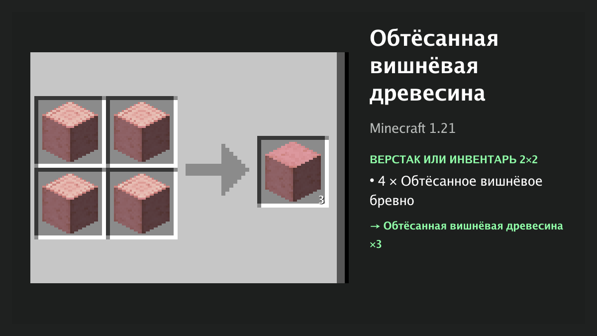 Рецепт: обтёсанная вишнёвая древесина в Minecraft — 4 × обтёсанное вишнёвое бревно (верстак или инвентарь 2×2)