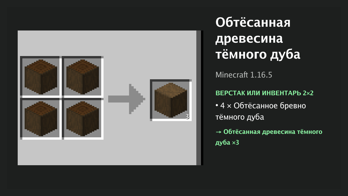 Рецепт: обтёсанная древесина тёмного дуба в Minecraft — 4 × обтёсанное бревно тёмного дуба (верстак или инвентарь 2×2)