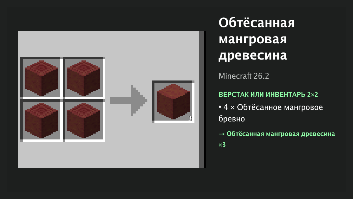 Рецепт: обтёсанная мангровая древесина в Minecraft — 4 × обтёсанное мангровое бревно (верстак или инвентарь 2×2)