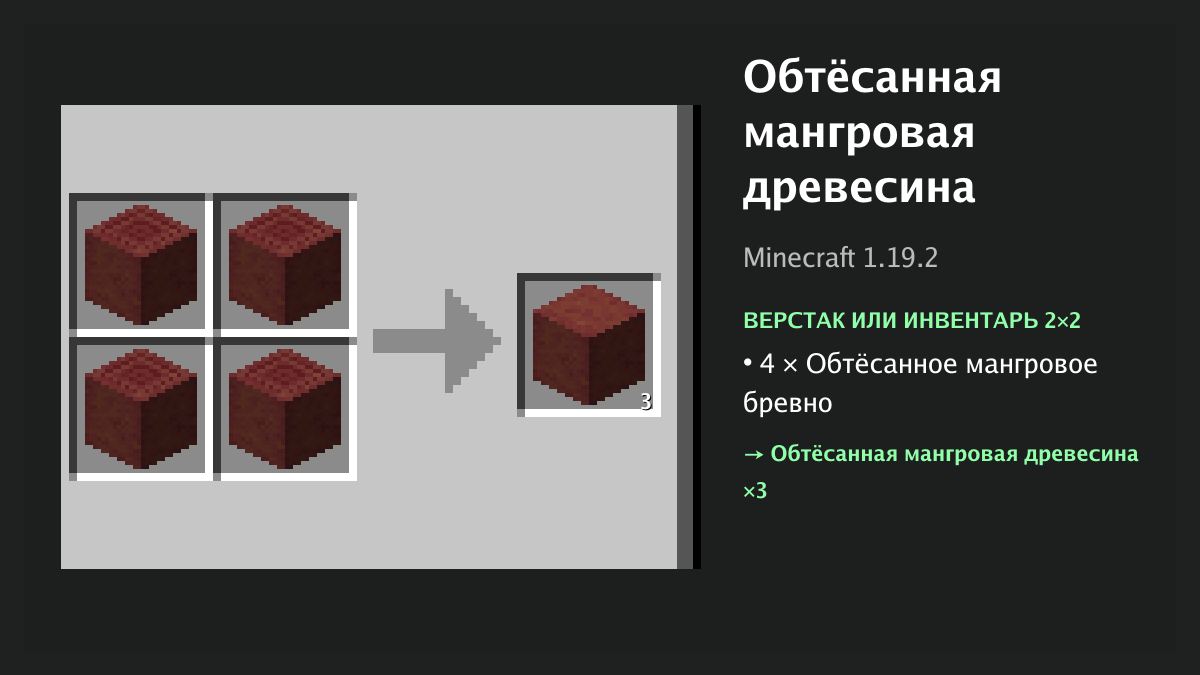 Рецепт: обтёсанная мангровая древесина в Minecraft — 4 × обтёсанное мангровое бревно (верстак или инвентарь 2×2)