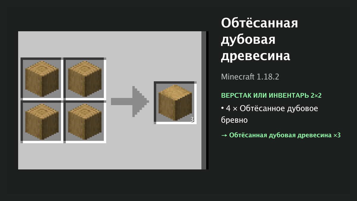 Рецепт: обтёсанная дубовая древесина в Minecraft — 4 × обтёсанное дубовое бревно (верстак или инвентарь 2×2)