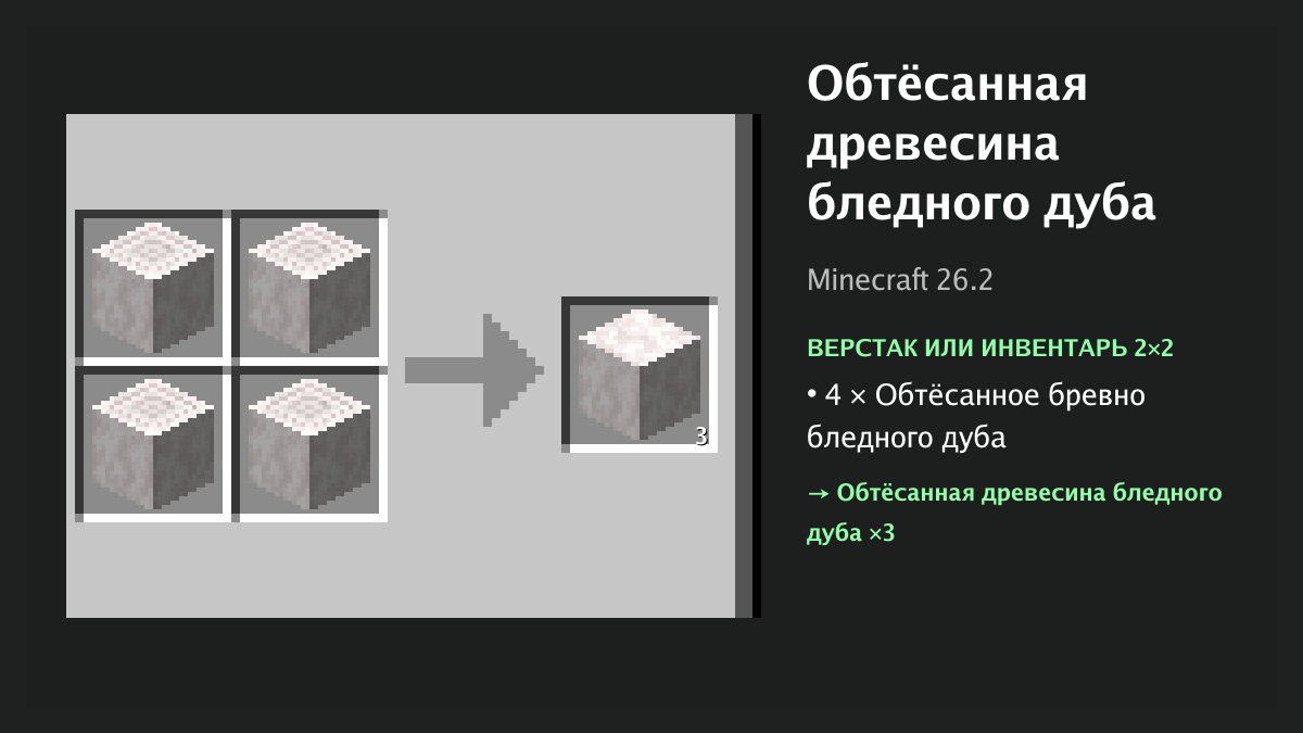 Рецепт: обтёсанная древесина бледного дуба в Minecraft — 4 × обтёсанное бревно бледного дуба (верстак или инвентарь 2×2)
