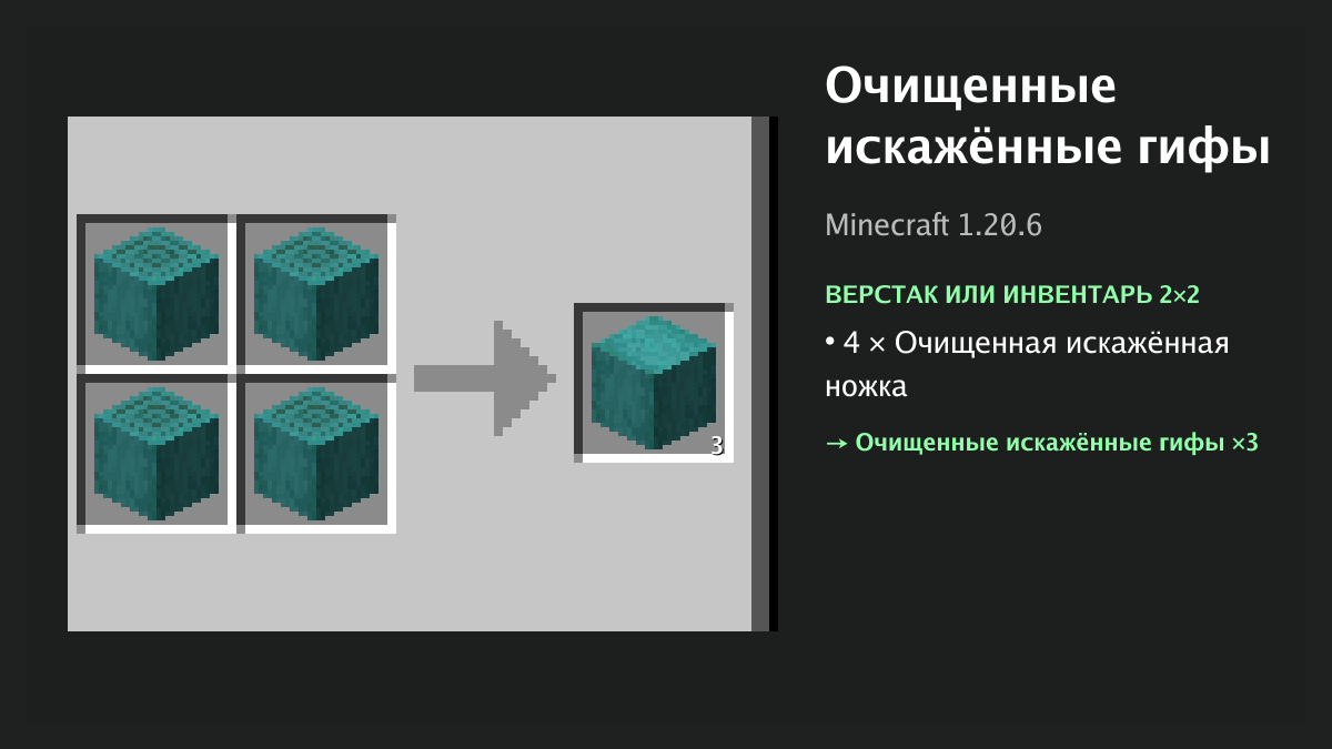Рецепт: очищенные искажённые гифы в Minecraft — 4 × очищенная искажённая ножка (верстак или инвентарь 2×2)