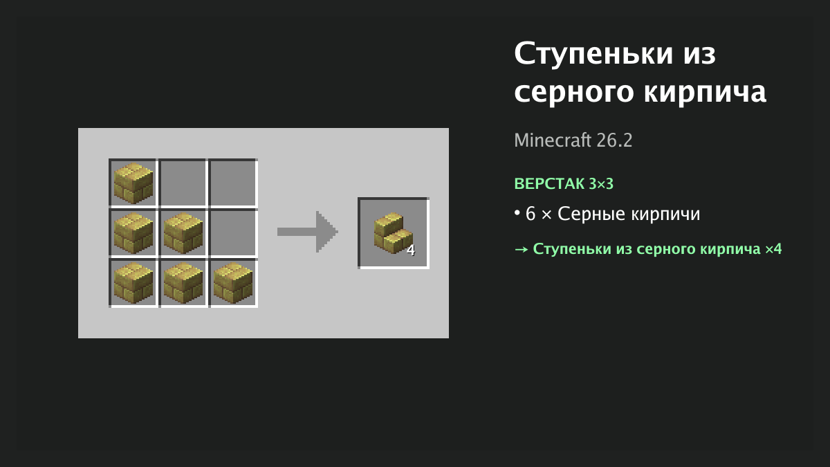 Рецепт: ступеньки из серного кирпича в Minecraft — 6 × серные кирпичи (верстак 3×3)