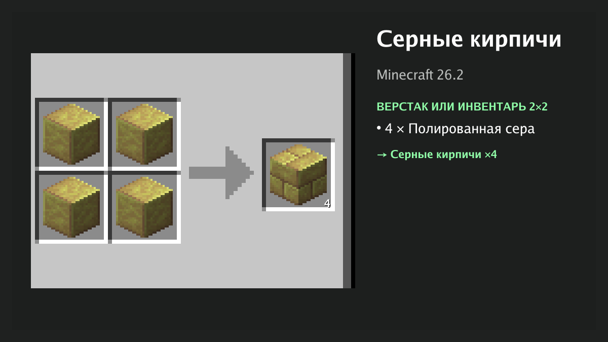 Рецепт: серные кирпичи в Minecraft — 4 × полированная сера (верстак или инвентарь 2×2)