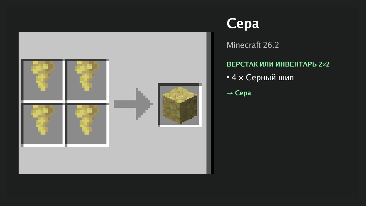 Рецепт: сера в Minecraft — 4 × серный шип (верстак или инвентарь 2×2)