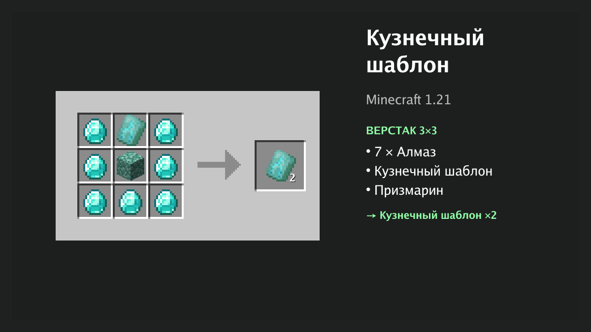 Рецепт: кузнечный шаблон в Minecraft — 7 × алмаз, кузнечный шаблон, призмарин (верстак 3×3)